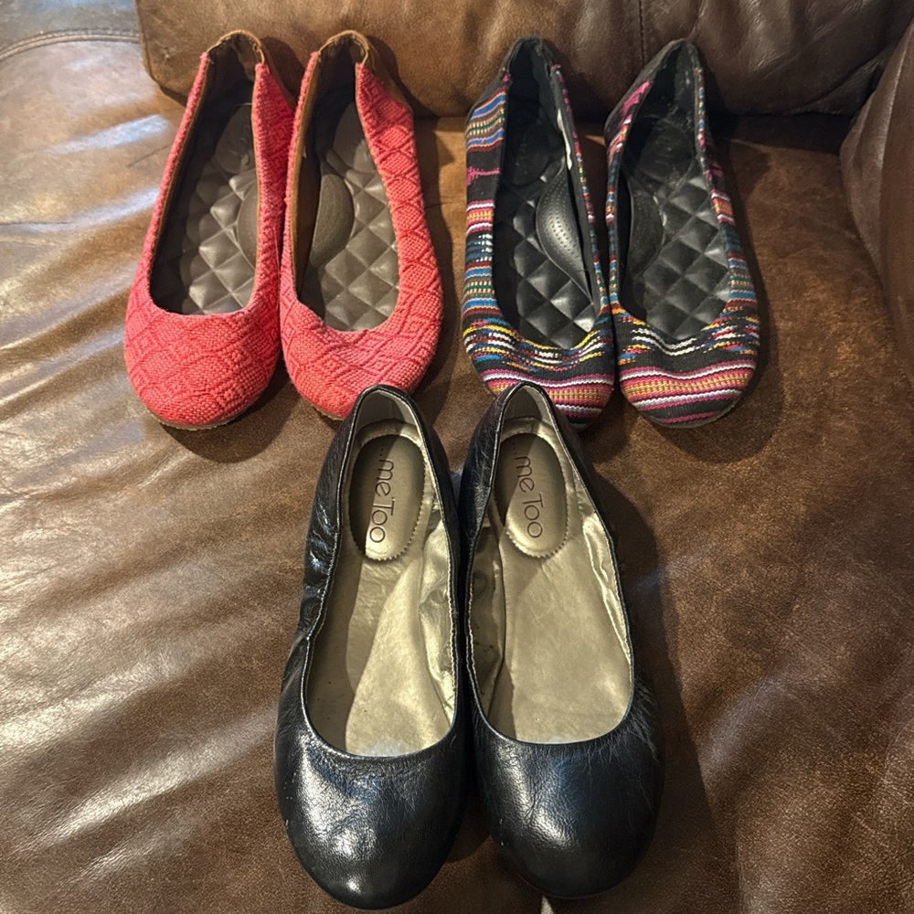 3 Pairs of Women's Ballet Flats - Black, Red, Multicolor Reef and MeToo